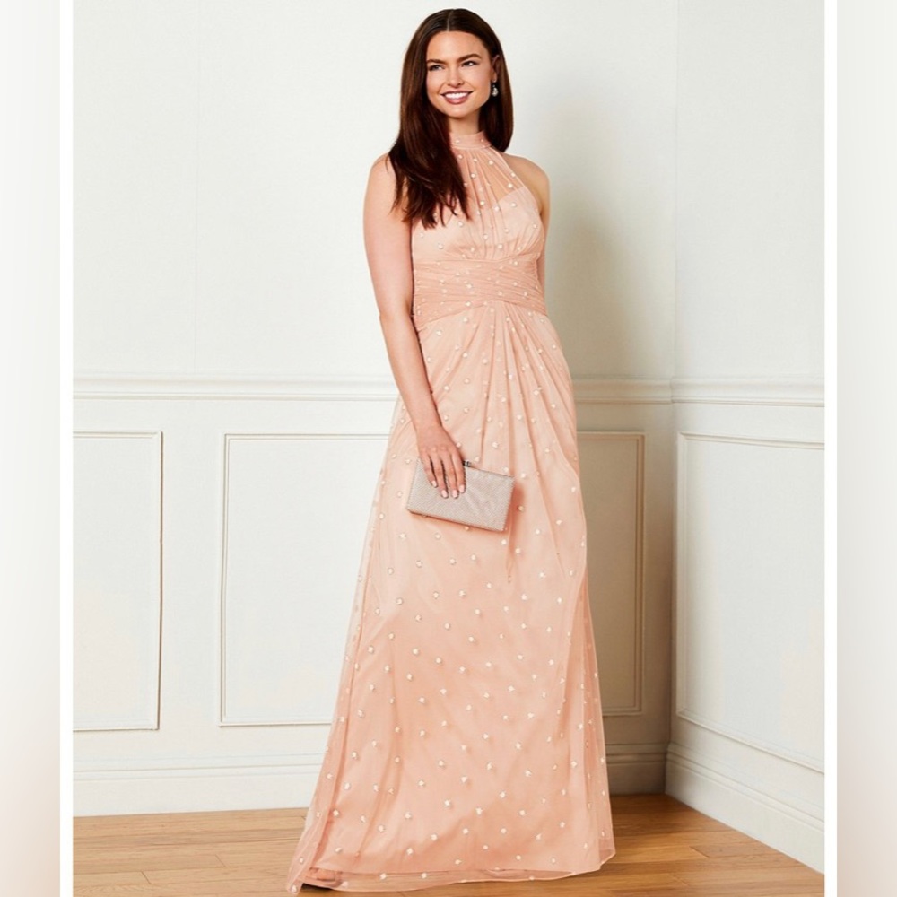 Prettier in person! Glitter dot sheer, halter A-line gown.